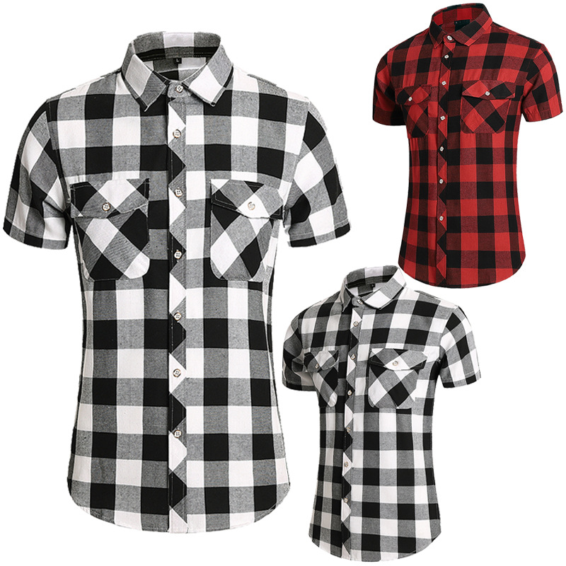 2023 Spring New Men's Shirt Double Pocket Plus Size Plus Size Plaid Youth Handsome Short Sleeve Shirt Combination Picture