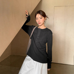 广州十三行2025秋亨利领单排扣柔软亲肤休闲百搭针织打底女02986