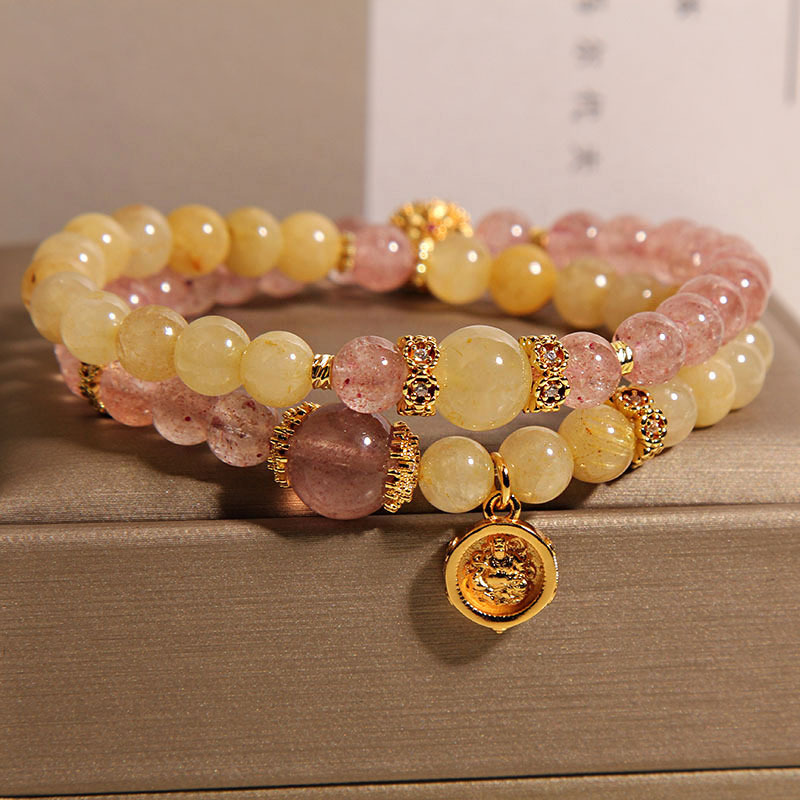 Pulsera de doble círculo de cristal de torre amarilla natural Pulsera de pulsera de transferencia de suerte de cristal de fresa de nicho de lujo ligero para mujer