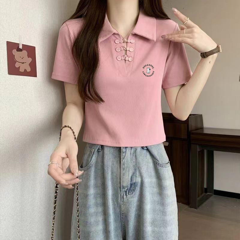 中国風半袖中国風ポロカラーボタンショルダーソリッドカラーTシャツレディースショートVネックフレッシュスリムフィットトップ|undefined