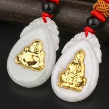 金镶玉 足金镶天然翡翠A货玉龙头观音龙头佛玉坠情侣款吊坠批发