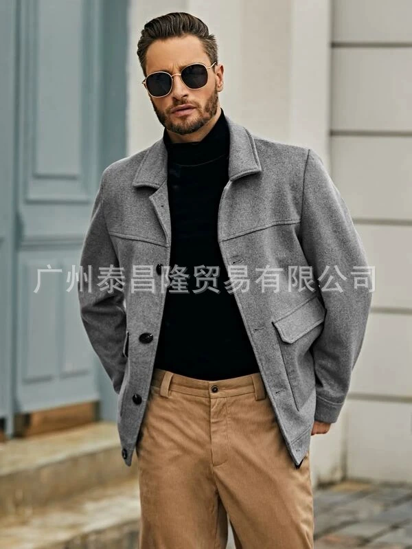 Wish Amazon осенне-зимняя шерстяная однобортная однобортная ветровка чистого цвета, шерстяные брюки с клапаном и карманами, верхняя одежда с квадратным воротником, мужская верхняя одежда