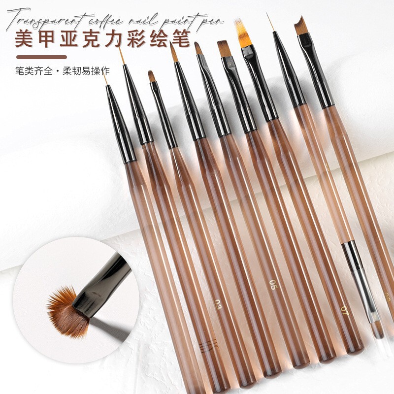 New Thick-Handle Transparent Coffee-Colored Nail Art Pens Full Set of 9 Pieces, Autumn Chrysanthemum Nail Polish Lace Light Therapy Pens with Pen Caps New Thick-Handle Transparent Coffee-Colored Nail Art Pens Full Set of 9 Pieces, Autumn Chrysanthemum Nail Polish Lace Light Therapy Pens with Pen Caps