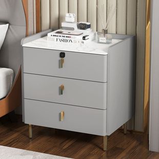 Solid Wood Slate Italian Three-Layer Bedside Table Bedroom Home Simple Light Luxury Modern Multi-Functional Bedside Storage Cabinet