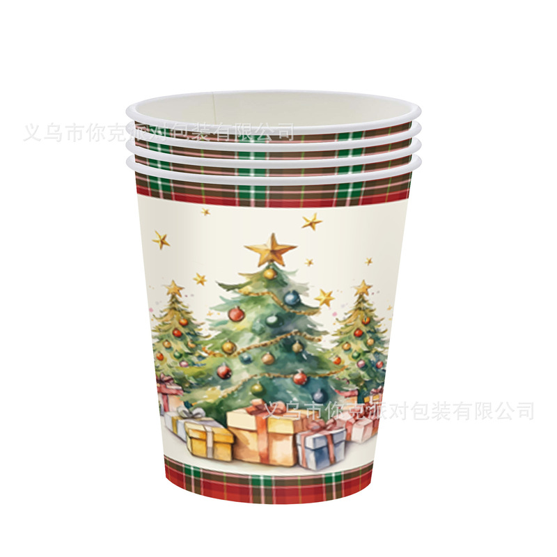 赤い格子クリスマス紙皿水彩クリスマスツリー使い捨て紙コップティッシュテーブルクロス祝日パーティー皿|undefined