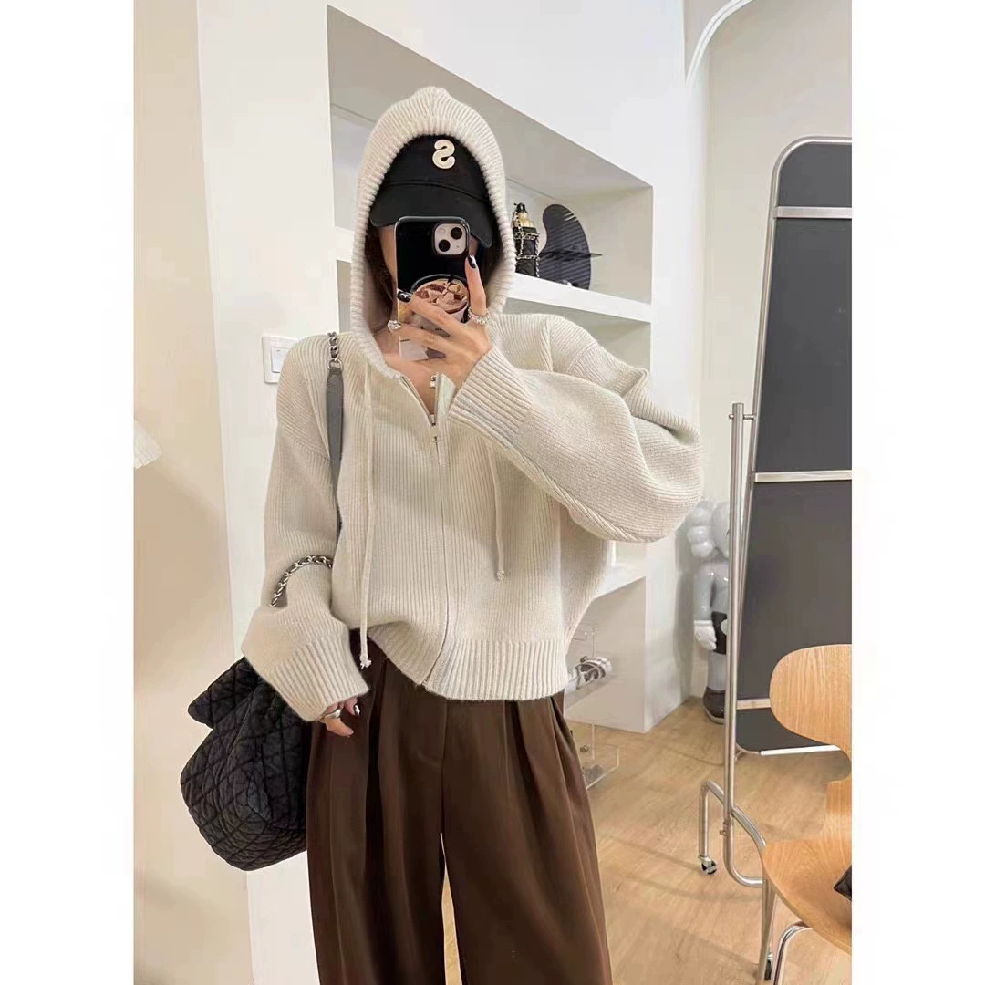 Женский свитер в корейском стиле, осень-зима 2025, новый свободный однотонный простой вязаный кардиган с капюшоном и молнией, длинный рукав, толстая верхняя одежда