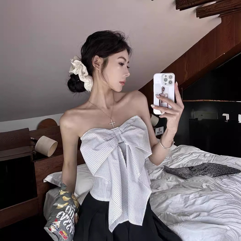 Bow White Contrast Strapless Vest Women's Summer Slim-fit Hot Girl Sleeveless Chest Wrapped Short Backless Top