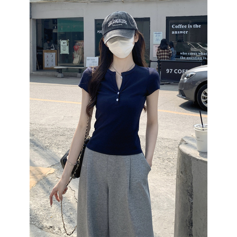 American Hot Girl Style Button Half Open Collar Slim T-Shirt Women's Summer Fashionable Top Versatile Right Shoulder Slim Short Sleeves