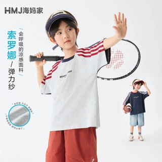 海妈家夏季童装男童新款夏装短袖T恤薄款上衣美式织带半袖中大童