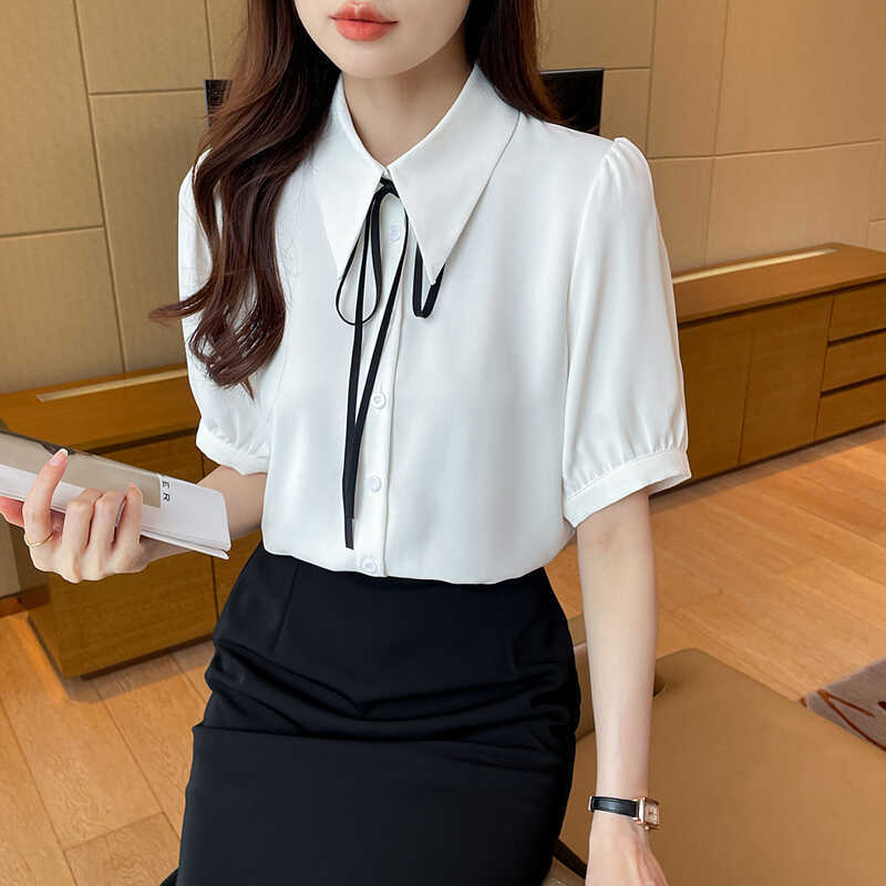 Summer shiffon professional elegant shirt for work with bow