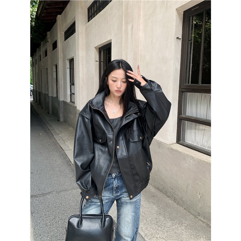 Spring and Autumn Versatile Biker Leather Jacket for Men and Women, Ins Loose Drop Shoulder Unisex Design Jacket Spring and Autumn Versatile Biker Leather Jacket for Men and Women, Ins Loose Drop Shoulder Unisex Design Jacket
