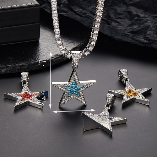 New Hip-Hop Five-Pointed Star Colorful Necklace Pendant Alloy Embedded Diamond Exquisite Fashion Star Shape Pendant Amazon Exclusive