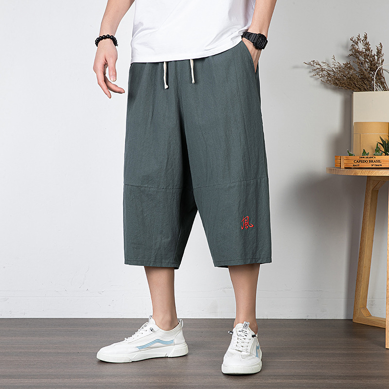 トレンディなブランドの男性用クロップドパンツ、リネンショートパンツ、無地の中国風紳士服、ルーズストレートビーチパンツ、トレンディなコットンとリネンのパンツ|undefined