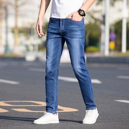  Four Seasons Regular Men's Stretch Jeans for Young Men, Korean Style Slim-fitting Matte White Mercerized Cotton Small Straight Pants