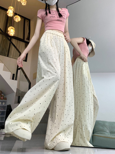 Korean-style beaded ice silk cool pants wide-leg pants for women spring summer thin model high-waisted drape straight-leg pants sunscreen casual pants