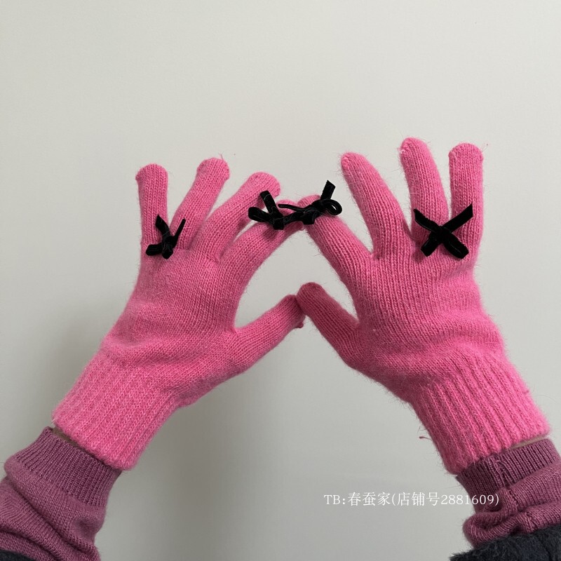 韓国版insウサギの毛のニットの手袋の女性の冬の蝶結びのかわいい保温の防寒の指の手袋の5本の指の騎乗|undefined