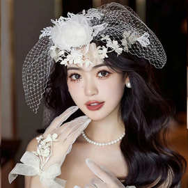 2024新款韩式绢花超仙新娘头饰森系手工花朵蕾丝发夹结婚摄影发饰