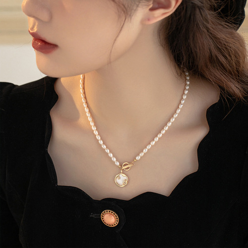 Freshwater pearl necklace women's copper micro-set shell starry sky design OT buckle collarbone chain rice grain pearl pendant neck chain
