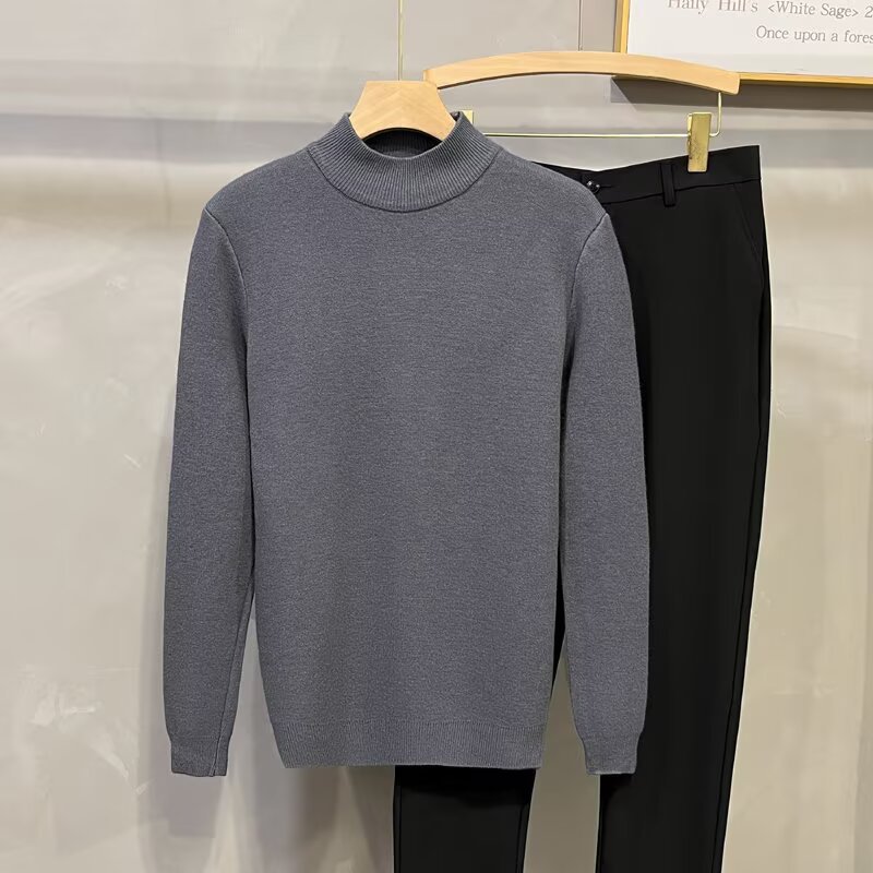 Herren-Fleecepullover mit hohem Kragen, warm, im koreanischen Stil, schmal geschnitten, schwarz, Strick, Winter-Layering-Oberteil, Polyester, Frühling/Herbst_voghion.com