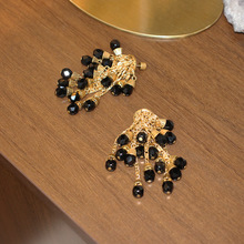 长款扫肩黑色水晶流苏耳环个性复古中古风耳饰黑金百搭首饰扫肩款