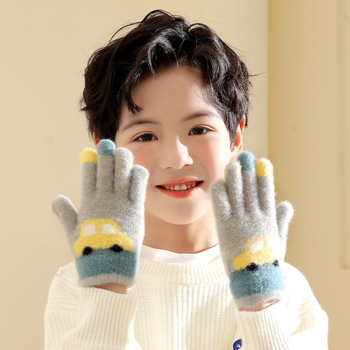 Children's Five-Finger Mittens Winter for Both Boys and Girls, Separated Finger Warm Mittens for Older Children, Cartoon Plush Thick Anti-Frost Mittens