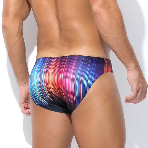 European and American sexy swimming trunks, men's triangle swimming trunks, low-waisted rope beach swimming trunks, quick-drying ice silk nylon printed shorts