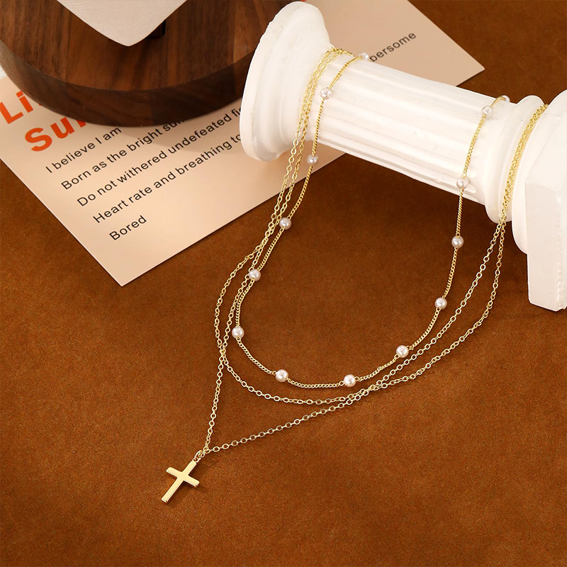 Luxury Gold-plated Pearl Cross Layered Necklace For Women_voghion.com