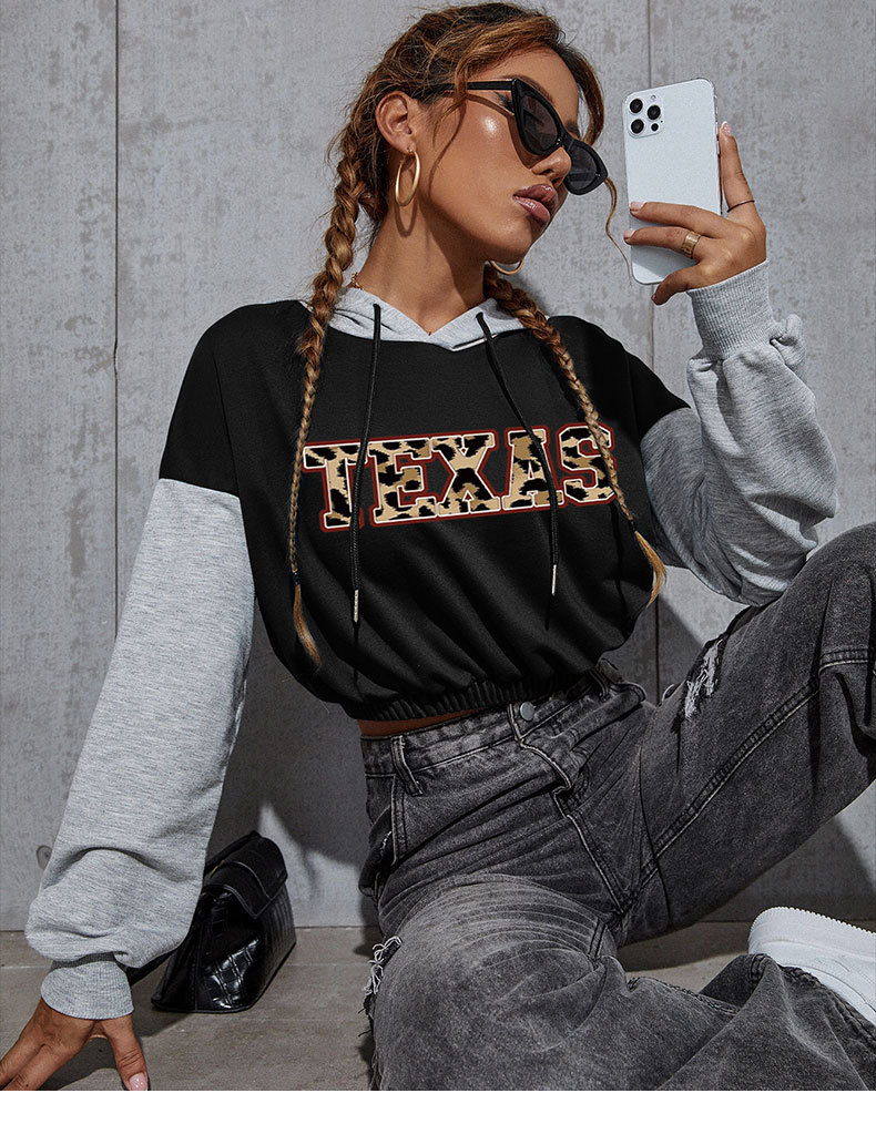 Felpa con cappuccio corta stampata autunno 2024, casual, corta, patchwork, per donna_voghion.com