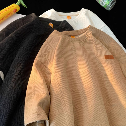 Men's Texture Ribbed Heavyweight Short-Sleeve T-Shirt Summer Plus Size Loose Round Neck Casual 5/8 Sleeve Short-Sleeve T-Shirt