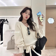 THE LIMON韩版设计感蝙蝠袖针织衫女气质宽松百搭绑带毛衣上衣