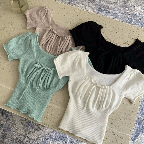 Green sweet and spicy square collar short knitted T-shirt women's spring clothes new figure-fitting bottoming shirt bubble sleeve blouse
