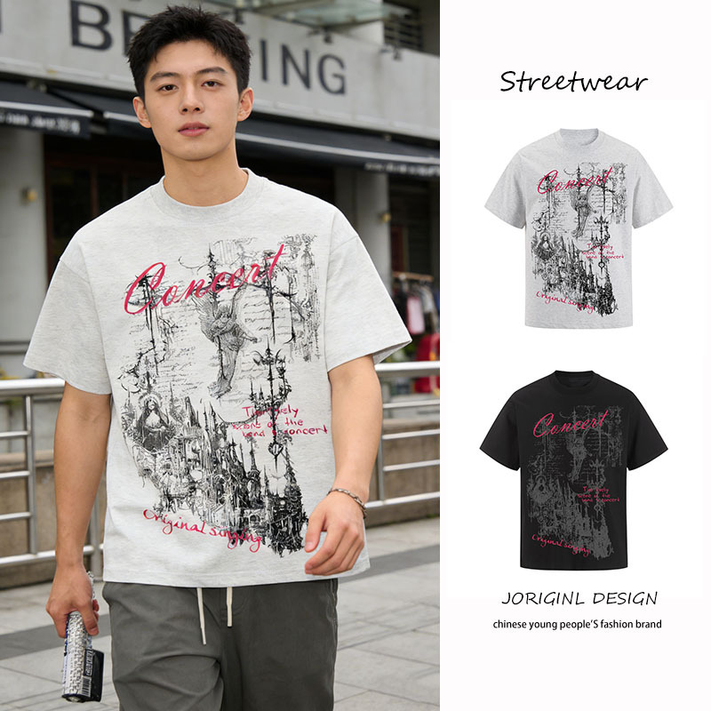 Camiseta de hombre con estampado de ángel y castillo gótico, color blanco, algodón, manga corta, corte holgado, cuello redondo, estilo veraniego y urbano._voghion.com