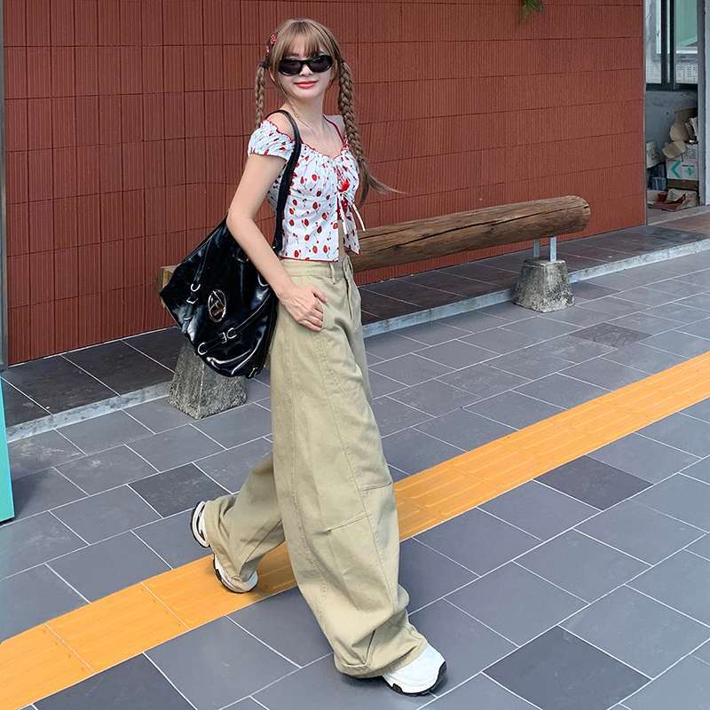 批发色美式复古牛仔裤女设计感拼接卡其色宽松阔腿直筒长裤|undefined