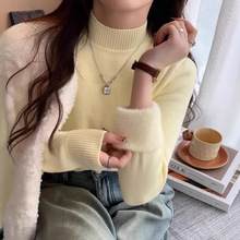 粤娇尔羊绒多巴胺自发热一体水貂绒加绒毛衣半高领内搭打底衫女