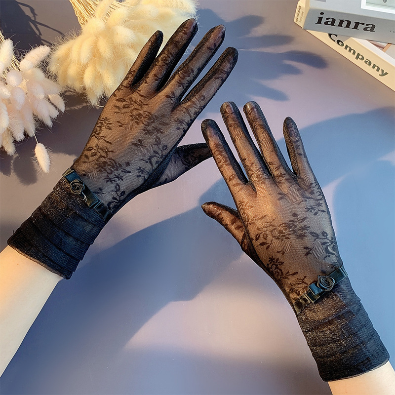 Guantes de protección solar primavera y verano encaje arco guantes de pantalla táctil de conducción de las mujeres transpirable al aire libre protección solar guantes de equitación