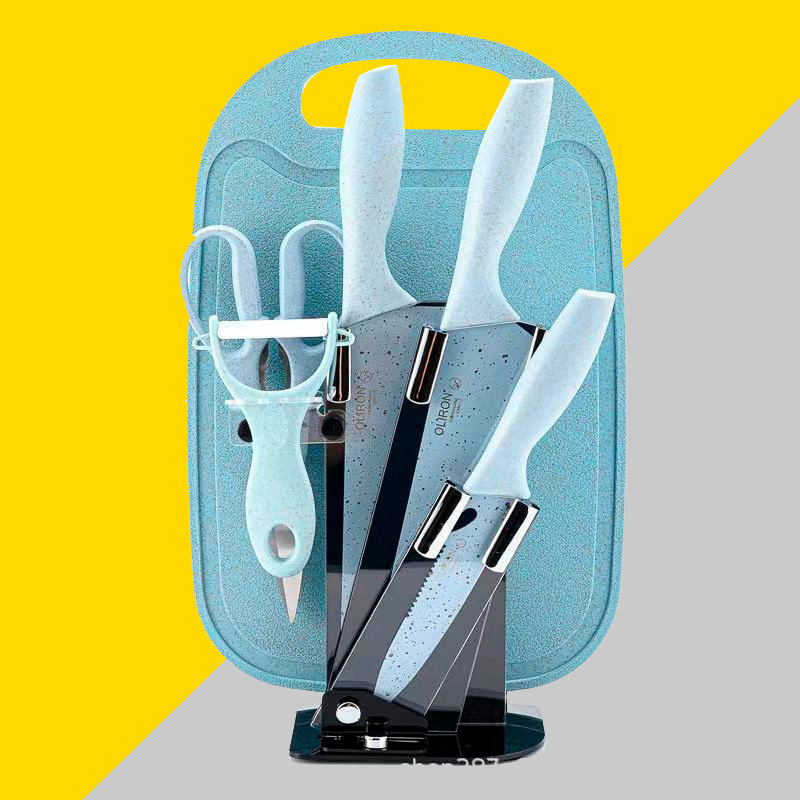 Ventas directas en stock de trigo de color Polo de acero inoxidable de siete piezas asiento de acrílico con tabla de cortar regalo traje de cuchillo