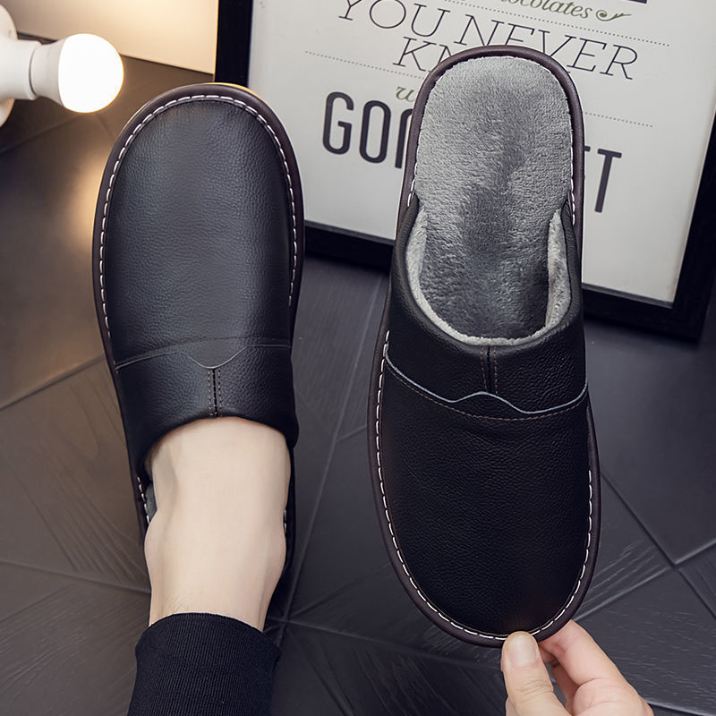 Haining Genuine Leather Cotton Slippers for Autumn and Winter Indoor Use, Non-Slip and Warm Cowhide Slippers for Couples, Thickened and Warm