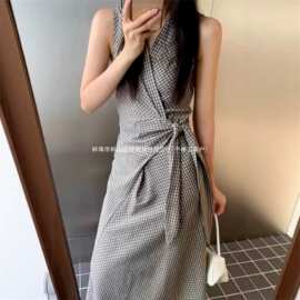 无袖复古格子套装A黑蓝甜美收腰背心裙新款法式连衣裙夏季字2026