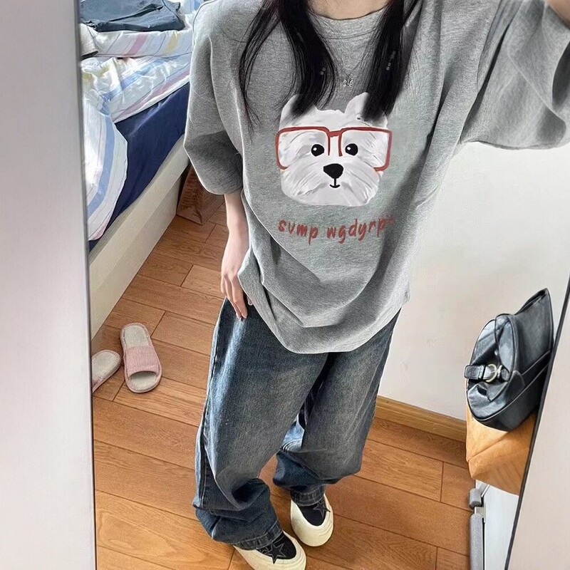 100% pure cotton gray short-sleeve T-shirt for women, new summer style with unique print design, loose and casual American-style top