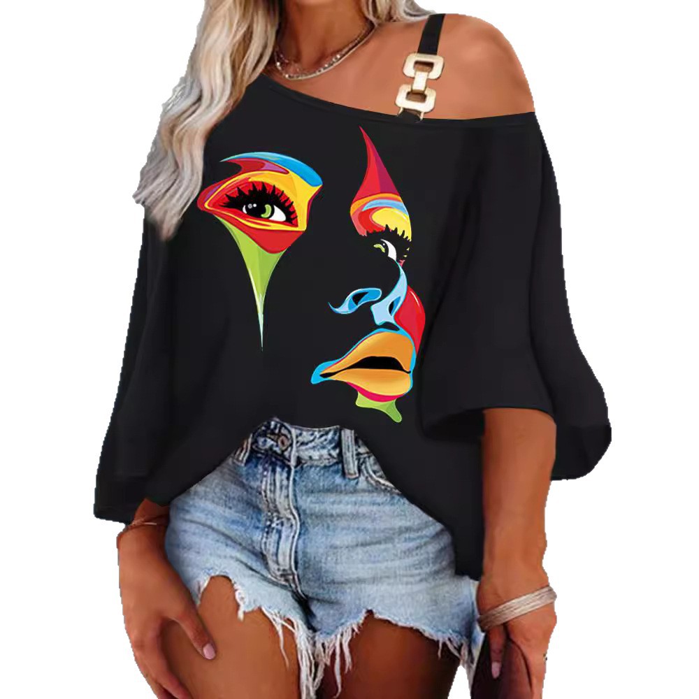 2023 nuevo Amazon estación independiente otoño europeo y americano moda costura suelta casual Top mujer camiseta impresa image 5