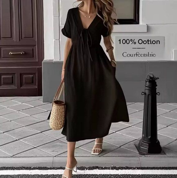 Elegant V-Neck Flowy Midi Dress - Soft Cotton Summer Dress For Women, Comfortable Loose Fit Casual & Office Wear (Available In 8 Colors)_ecoleips.com