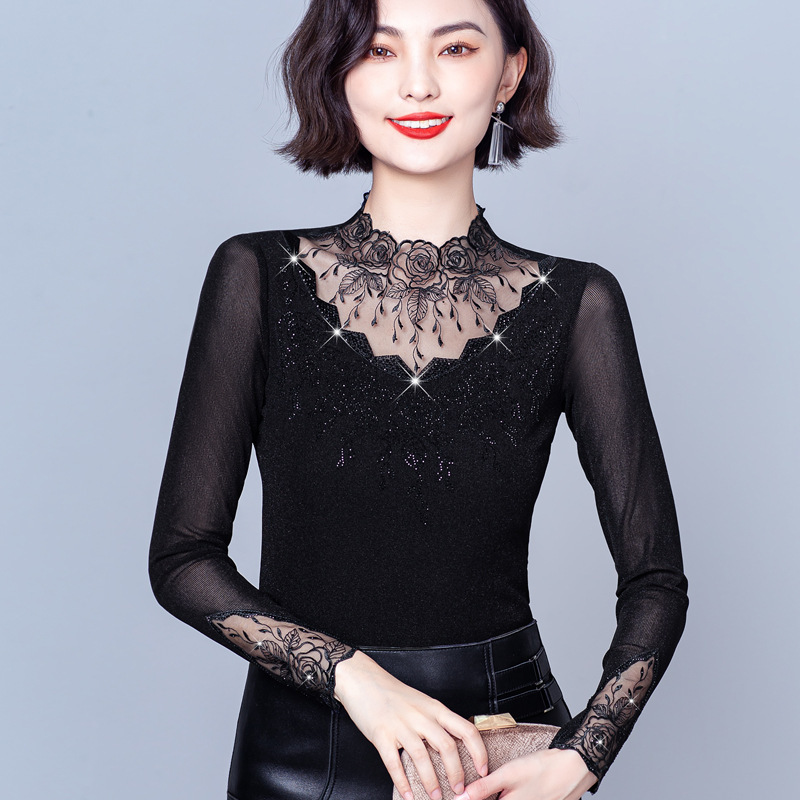 Autumn and Winter new mom thermal underwear women fleece-lined thick mesh lace hollow bottoming shirt elastic slim fit