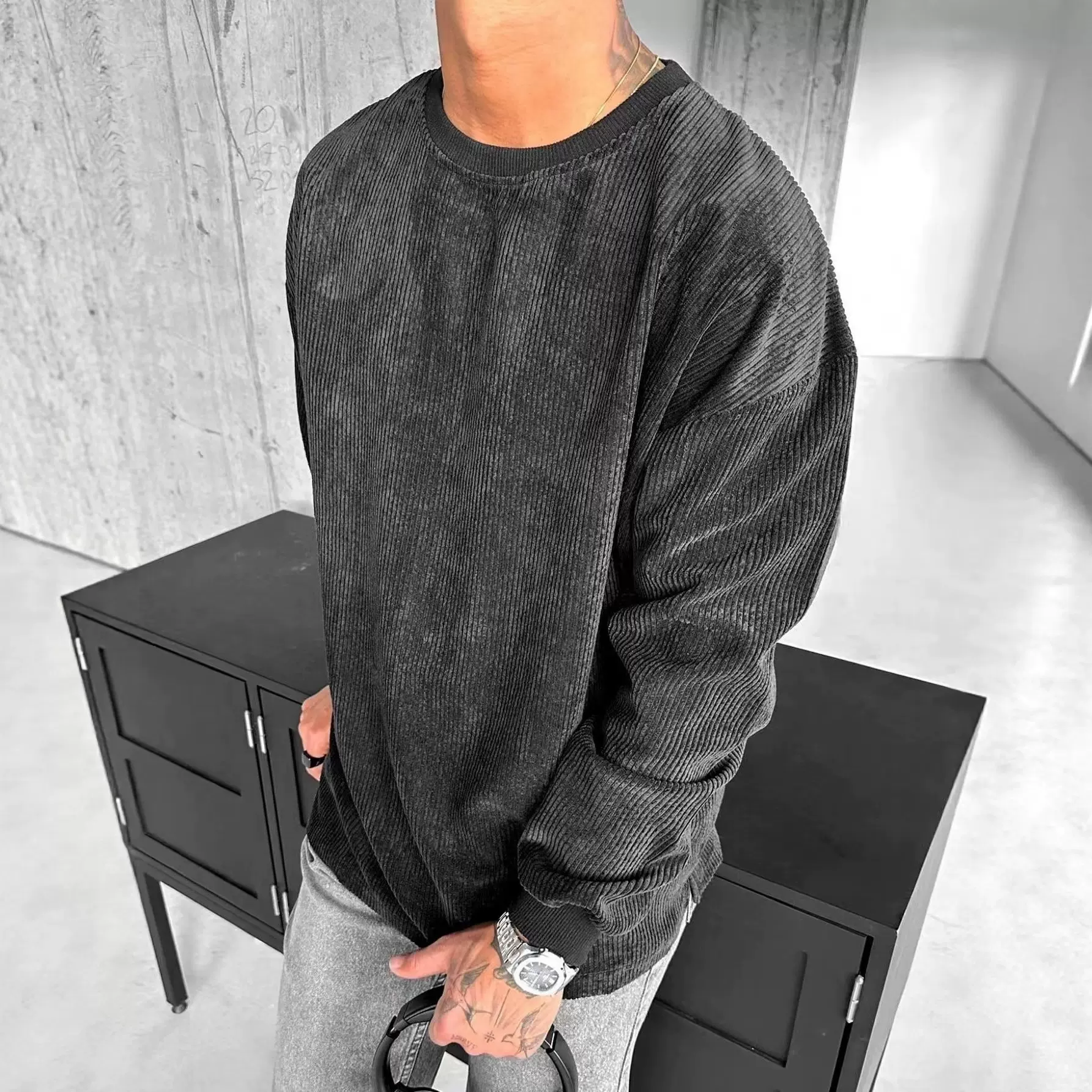 2025秋男士外贸跨境男士高级感长袖纯色华夫格打底衫卫衣T恤新款