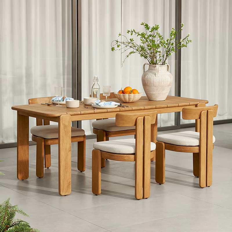 Mesa y silla de madera de ocio al aire libre combinación de patio hotel resort impermeable anticorrosión terraza muebles de mesa larga