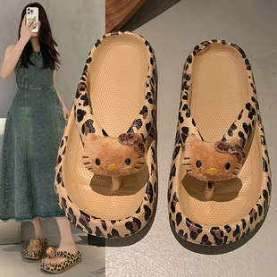2024 New KT Leopard Print Flip Flops Women's Summer Outer Wear Thick Slippers Student Retro Spice Girls Outdoor Beach Sandals