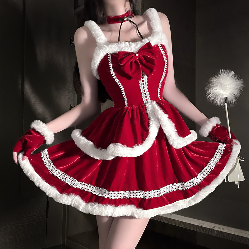 Qingshe Sexy Lingerie New Japanese and Korean Suspender Christmas Outfit Christmas Skirt New Year Party Outfit Multi-Piece Set Red Skirt Qqny
