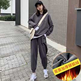 加绒加厚大码女装时尚休闲女新款韩版卫衣裤子2020秋冬学生两件套