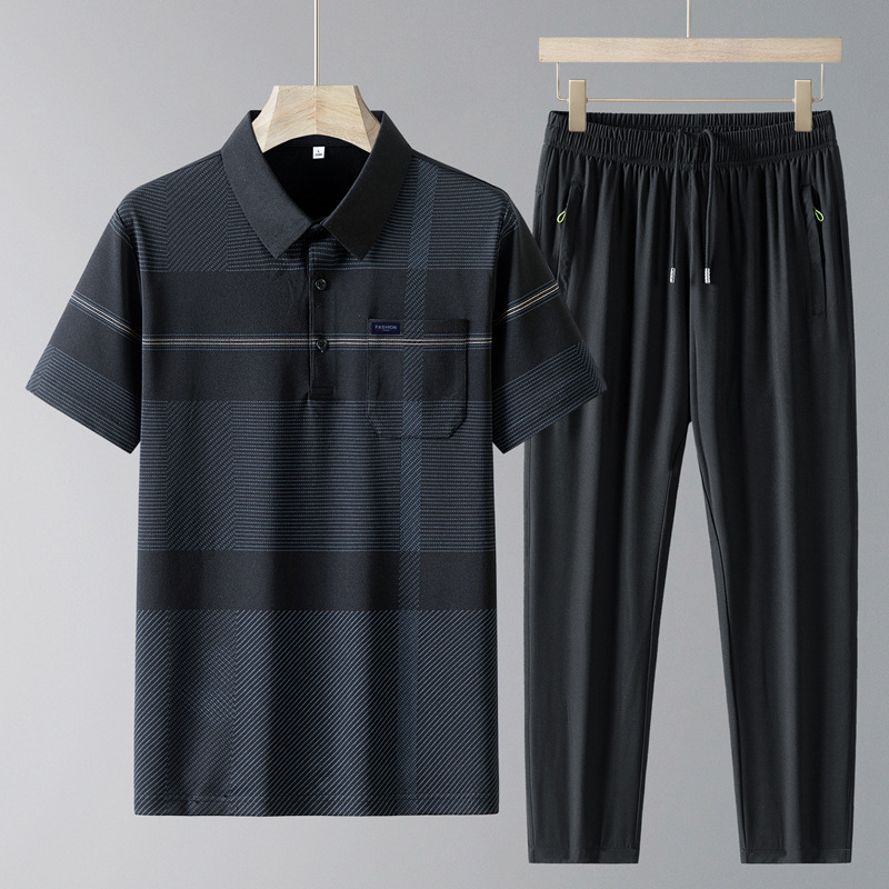Traje de seda de hielo de verano para papá, camisa de polo de manga corta para hombres de mediana edad y ancianos, pantalones de secado rápido, traje casual de dos piezas de verano de mediana edad para hombres