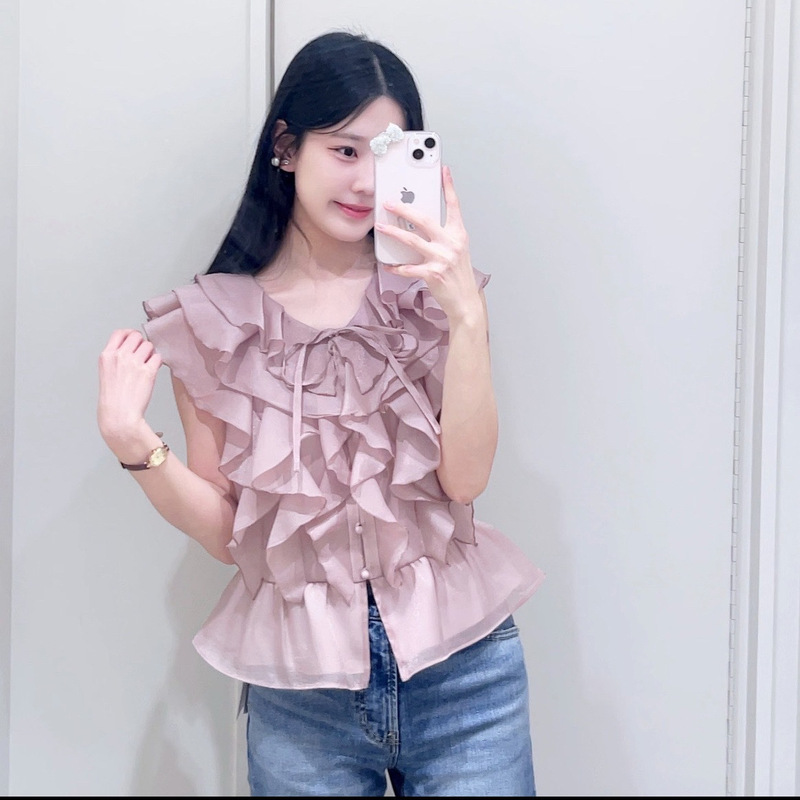 【Jia Yue】Japanese-Style Sweet Petal Ruffle Shirt, Trendy Unique Beautiful Sleeveless Blouse 26065