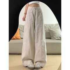 牛仔裤女2025年秋季新款米杏色休闲松弛感高腰宽松简约直筒阔腿裤